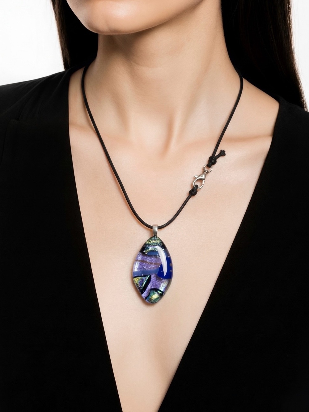 Dichroic Glass Blue & Purple Pendant Necklace on Black Cord